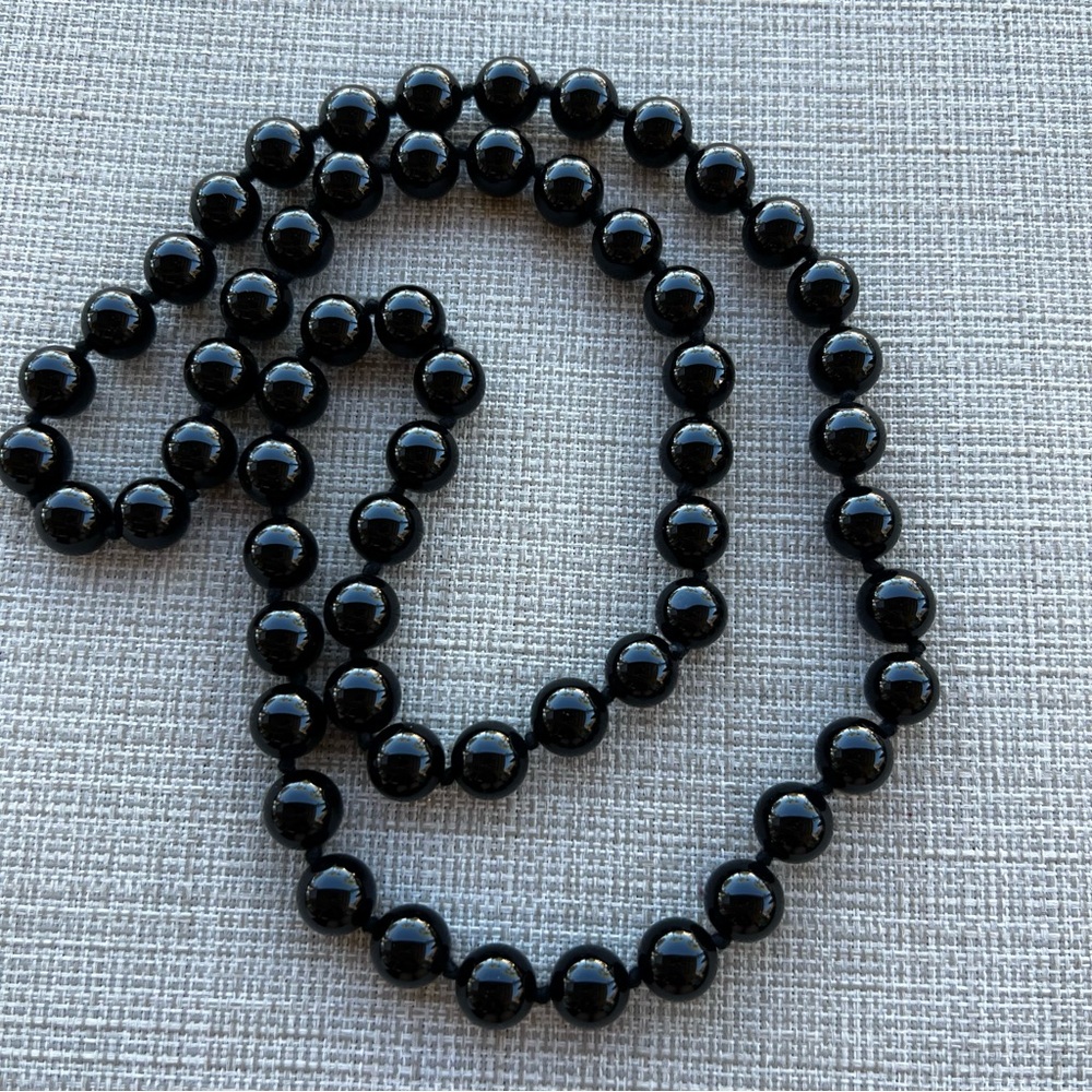 Vintage Natural Stone Black Onyx Beaded Necklace 30” Long Hand Knotted